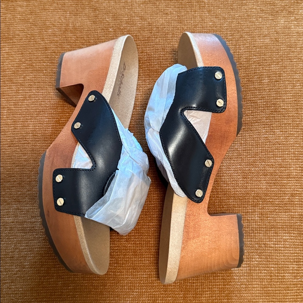 Dr. Scholl's Original Max Too, Black Lea, Leather Platform Clog Sandal Wood Sole - Picture 4 of 8
